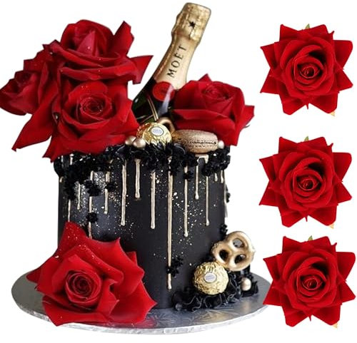Tortendeko Blumen, 8 Stück Rote Rosen Kunstblumen, Tortendeko Geburtstag Mädchen, Künstliche Rosen, Deko Blumen, Tortendeko Blumen für Hochzeit, Geburtstag, Babyparty