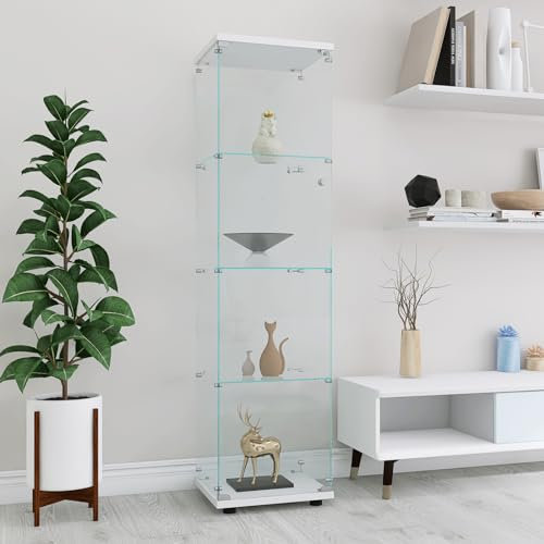 JOROBURO 4-Lagen Glasvitrine, Standvitrine in Weiß, Modern Glas Holz Vitrine Vitrine aus Glas für Sammlerstücke Bücher Wein, für Büro Wohnzimmer Küche, 164x42.5x36.5cm