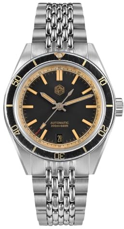 San Martin 39,5 mm Herren Taucheruhr Vintage Distressed Effekt NH35 Automatische mechanische Uhr Wasserdicht 200 m C3 Lume SN0116 Reloj, Schwarze Lünette, Armband