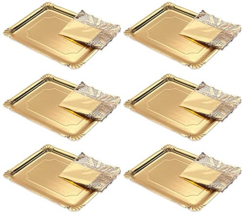 AC - Pack de 6 bandejas rectangulares con blonda - Cartón y Papel - Especial para Fiestas, presentación de postres - Material reciclable - 34 x 42 cm - Color Oro