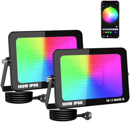 RIGIDON 2 Pcs 100W RGB Projecteur LED Exterieur, 10000LM Intelligente Multicolore Spot LED Couleur, IP66 Etanche changement de couleur RGBW Interieur pour Terrasse Jardin Garage lampe