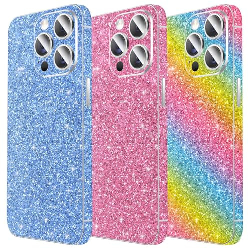 3PCS Glitter Skin Protector for iPhone, LucBuy Shiny/Fiber/Stone Texture Full Cover Edges Sticker, Sparkling Precise-Fit Anti-slip Back Protector, Bling Luxury Phone Decorations for iPhone 11