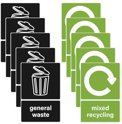10 Pcs Recycling Bins Stickers, 150 × 100 mm Self Adhesive Waterproof General Waste Decals, Removable Mixed Recycling Signs for Outdoor Kitchen (COLOR:green, black)