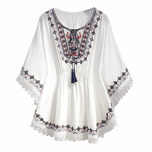 Cocila Haut pour Femme BohèMe Vintage Haut Brodé T Shirts Montrant Mince Longueur Ample Chic T SurdimensionnéS pour Femmes Ensembles De Graphiques Blouse Manche Courte Tee Femme