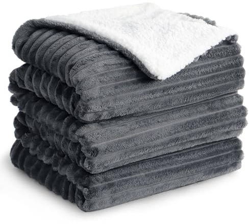 Aisbo Sherpa Fluffy Blanket Throws Dark Grey - Thick Warm Blanket 200 x 240 cm Soft Extra Large Throw for Sofa Couch Bed, Decorative Jacquard King Size Sherpa Fleece Blanket