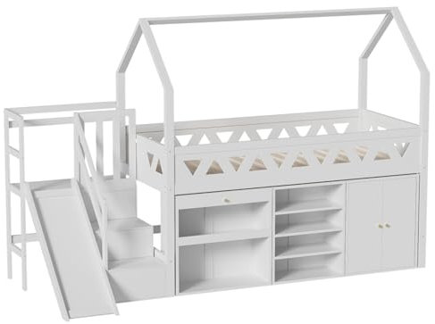 WEALTHOUSE Hochbett mit Rutschbahn, massiver Holzrahmen, eingebautem Lattenrost, Treppenmodul mit Lagerfächern, Schubladeneinheiten, geschlossener Tür, platzsparendem Design und Spielzonenstruktur