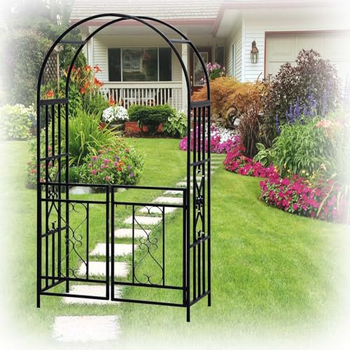 Générique Arche de Jardin en métal avec Porte,Arche Ronde de Roses,Arceau à rosiers Blanc/Noir Tuteur Colonne de Jardin pour Plantes grimpantes,Arche à rosiers avec Portail,L 114cm x H 210cm(Noir)