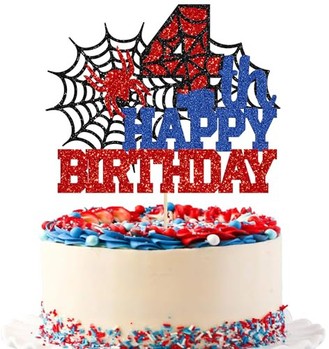 Ephlyn 1Pcs Happy 4th Birthday Spider Themed Cake Topper, Blue Red 4