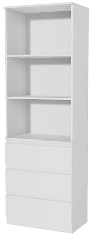 Nera Tall Wooden Bookcase with Shelving and Drawers Standing Shelf for Office Living Room Storage Organiser (White)