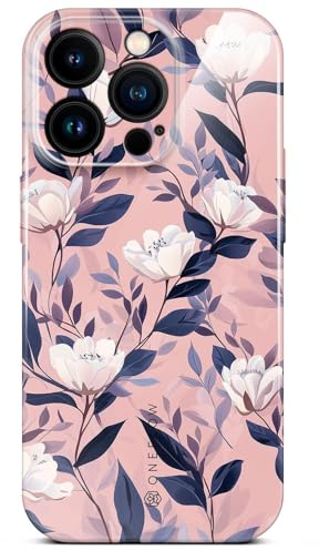 ONEFLOW Flower Cover für iPhone 15 Pro Hülle in Floral Optik, Blumen Designer Case Handy Schutzhülle mit Kameraschutz, Hardcase dünne Handyhülle Blumenmuster, Weiß Rosa