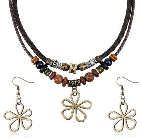 Lusofie Mehrlagige Halskette Holzperlen Mit Hohlen Blumen Ohrringen Boho Schmuck Ketten Und Ohrringe Hippie Böhmischer Holz Perlen Kette Geflochtene Vintage Halsketten Für Männer Und Frauen