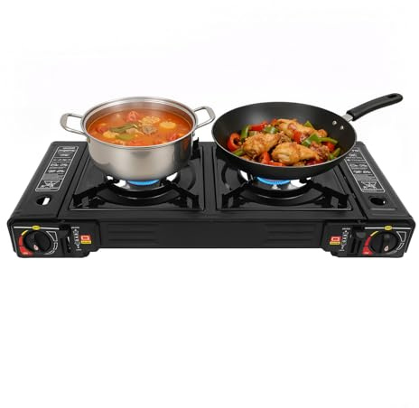 Réchaud à gaz de camping à 2 feux avec mallette de rangement, 2500 W, double réchaud à gaz avec allumage piézoélectrique et serrure de sécurité pour barbecue en plein air