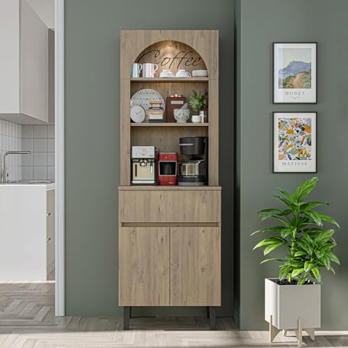 ROOMART Küchenbuffet VENEDIK 60 cm – Hochschrank mit LED, offener Bogennische, Schublade & 2 Türen – Buffetschrank Aufbewahrungsschrank Küche Esszimmer – 4 Farben wählbar (Eiche)