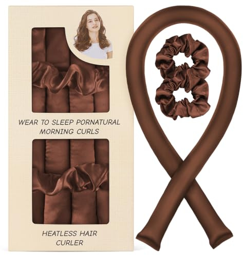 LOPHE Satin Curls ohne Hitze – Locken über Nacht ohne Hitze mit Lockenstab und 2 Satin-Haargummis – Lockenstab zum Schlafen für frizzfreies Styling ohne Hitzeschäden – Braun