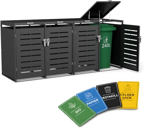 Mülltonnenbox 4er 240L für 4 Tonnen, verzinkter Stahl, Outdoor Anthrazit | Für 4 x 240L Tonnen, verzinkter Stahl, Gasdruckfedern, Deckel-Seilzug, Lüftungsschlitze und Mülltrennungs-Aufkleber.