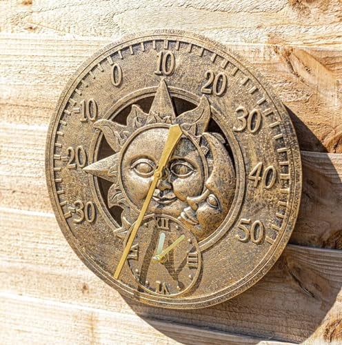 garden mile® Wanduhr Vintage Sonne und Mond Bronzeeffekt - Gartenuhr batteriebetrieben Wasserdicht Wetterfest - Dekorative Uhr für Innen oder Außen für