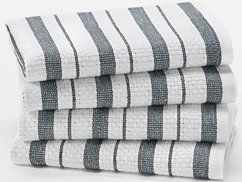 Cotton Craft - 4 Pack - Basket Weave Kitchen Towels - Grey - 100% Cotton - Oversized 20x30 - Modern Clean Striped Pattern - Convenient Hanging Loop