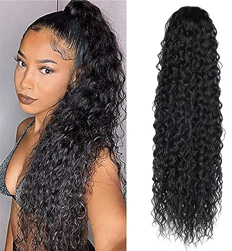 Drawstring Ponytail Extension, 30 inch Long Curly Ponytail Hair Extension Synthetic Hairpiece for Women(1B#, 30 inch)