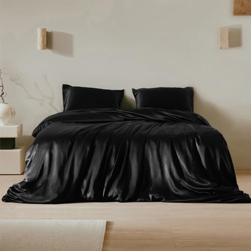 LilySilk Bettwäsche Set 3 teilig Bettbezug 200 x 200 cm und 2 Kissenbezüge 80 x 80 cm, 19 Momme, Seidenbettwäsche Set, Hypoallergen, Ultra Weich und Glatt Schwarz