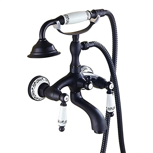 Badewannenarmatur Mit Handbrause - Wannenarmatur, Inkl Brausehalter Und 1,5M Duschschlauch, Stilvolle Schwarz Badewanne Wasserhahn - Dusche Set, Zweigriff -Wannenbatterie, Messing, Retro-Stil