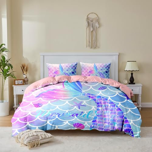 MUSOLEI Mermaid Bedding Set Girls Double Colorful 3D Mermaid Tail Blue Duvet Cover Sets Pink Lovely Quilt Cover Soft with Pillwocase (Mermaid, Double)