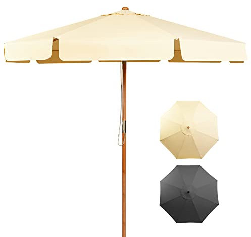 RELAX4LIFE Parasol à 8 Baleines en Bois Ø300cm Inclinable avec Bouton-Poussoir, Ombrelle avec Lambrequin en Tissu Polyester Imperméable et Anti-UV pour Terrasse, Balcon, Jardin (Beige)