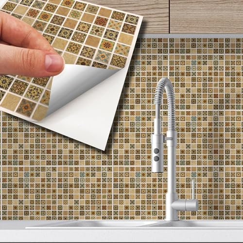 WALPLUS 15cm(6) 120 Pieces Antique Brown Azulejo Mosaic Wall Tile Sticker Set Peel and Stick Backsplash Decals Vinyl Home Decors Splashback for Kitchen Bathroom Tile Paint Stick on Wall