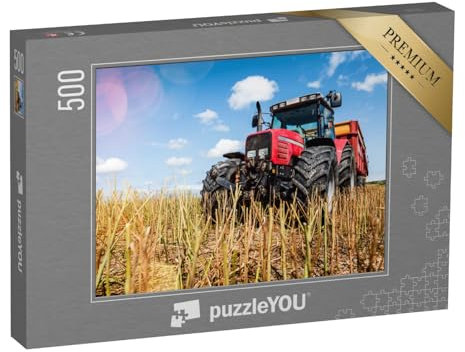 puzzleYOU: Puzzle 500 Teile „Prächtige Ansicht eines Traktors mit Anhänger in einem abgeernteten Rapsfeld“ – aus der Puzzle-Kollektion Traktoren