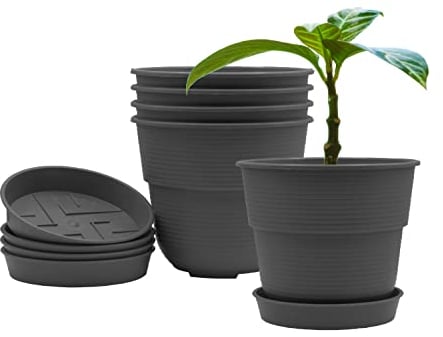 Plastard Blumentöpfe 5er Set 20 cm Durchmesser mit Untersetzer aus Kunststoff Anthrazit runder Pflanzkübel witterungsbeständiger Übertopf große Blumentöpfe