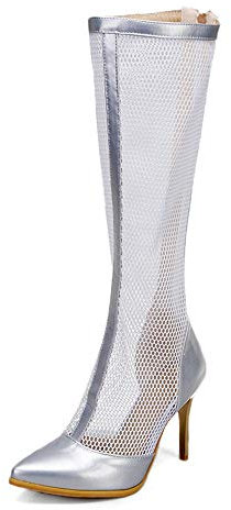 CHICMARK Stivali estivi da donna al ginocchio con punta e tacchi a spillo per appuntamenti/feste (argento, 35), argento, 35 EU