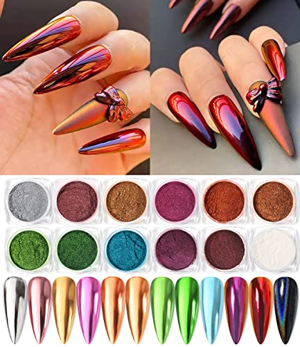 12 Jar Pearl Powder Nail Chrome Roségold Lila Holografischer Regenbogen Puder Reflektierender Spiegeleffekt Glitter Laser Powder mit 8 Lidschatten Pinsel