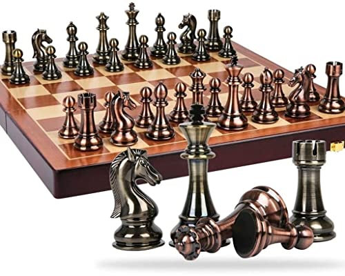 OLOTU Spielzeug Schach Metall Bronze und Messing Schachfiguren Massivholz Klappschachset Hochwertiges professionelles Schachspiel Retro Professional Schachset