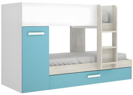 Rimobel Etagenbett Ausziehbett mit Stauraum - 3X 90 x 190 cm - Weiß, Naturfarben & Blau - Anthony