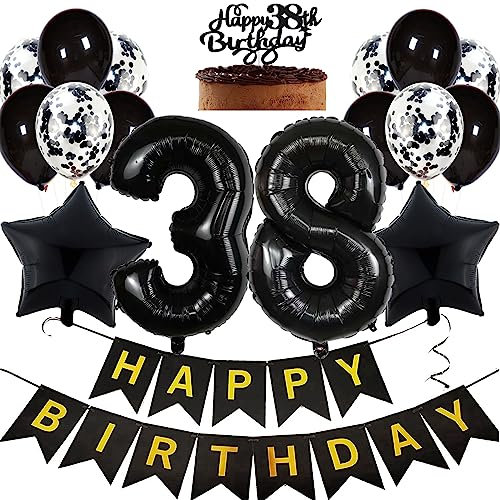 Feelairy Geburtstagsdeko 38 Jahre Frauen, Luftballon 38. Geburtstag Deko Männer, Schwarz Tortendeko Happy 38th Birthday Deko 38 Jahre Frau, Ballon 38. Geburtstag Mann Party Dekoration Set