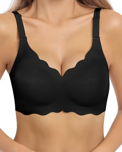HORISUN Bras for Women No Underwire V Neck Scalloped Wireless Bralettes with Soft Support Comfort Full Coverage Seamless Bra (Black,XL)
