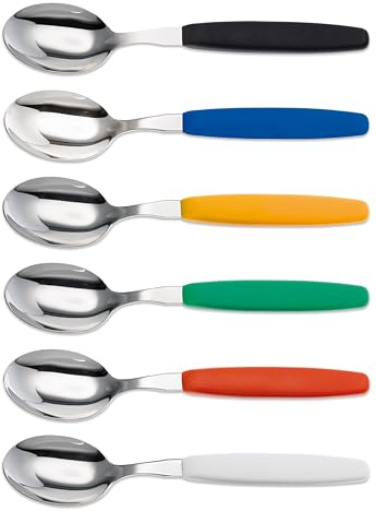6er Set Giesser Messer Besteck Made in Germany - Löffel Esslöffel Suppenlöffel groß - ideal für Camping, Rostfrei, ergonomischer Griff, stabil und langlebig - Schwarz, Blau, Gelb, Grün, Rot, Weiß