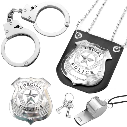 VOSSOT Handschellen Polizei Echt Stahl Set, Handschellen Kinder Polizei Set Kinder Polizei Zubehör Kinder Polizei Handschellen, Kinder Handschellen Polizei Kinder für Cosplay Polizei Kostüm Kinder