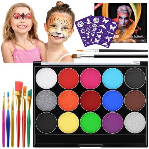 WuGU Kinderschminke Set, 55 Stück Kinderschminken mit 12 Farben Schminkpalette,8 Pinsel und 40 Schablonen, Face Paint Gesichtsfarbe Kinder für Halloween Fasching Karneval Geburtstag Urlaubs Party