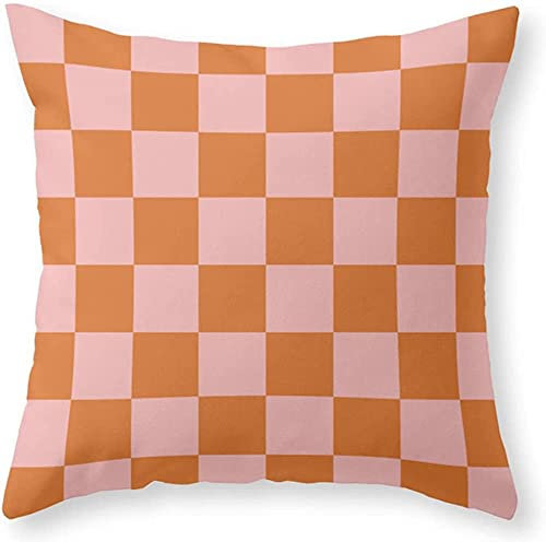 Taie Oreiller, Motif À Carreaux en Damier Rose Et Orange Polyester Taie d'oreiller avec Fermeture Couverture De Coussin Throw Housse De Coussin pour Canapé Maison Chaise 45X45Cm
