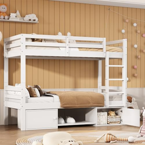kubeier Etagenbett mit Schuhregale und Schließfächer 200x90cm, Kinderbett Hochbett mit Rausfallschutz und Lattenrost, Kiefernholz Spielbett für Jungen & Mädchen - Ohne Matratze (Weiss)