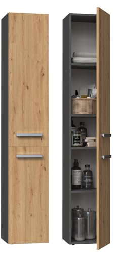 WHATSIZE ENTERPRISE – Nel II - Anthracite Artisan Freestanding Cabinet – Wooden Storage Cupboard with Washing Basket - Organise Cosmetics and Toiletries - Furniture to Complement Modern Décor