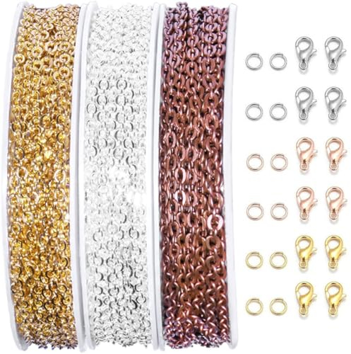 HZAOPZE 3 pcs 33 Füße Gliederkette Meterware, Ketten Basteln Gliederkette Edelstahl Kabel Kettenset mit 30 Karabinerverschluss und 150 Sprung Ringe, für DIY Halskette Basteln, ORO Plata y ORO rosa