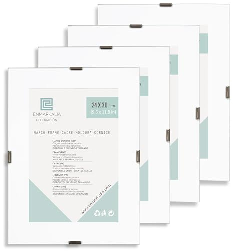 PACK X4 - 24x30 cm Marco Clip de cristal - portafoto sin marco - soporte para fotos, diplomas y certificados - cristal con cantos pulidos - incluye peana para ponerlo de pie y colgadores de pared.