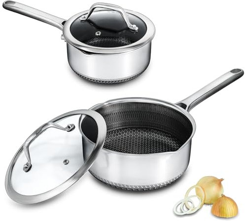 Bakoniion Lot de 2 casseroles hybrides antiadhésives avec couvercles de 1,5 l et 3 l, poêles en nid d'abeille en acier inoxydable avec becs verseurs latéraux, compatibles avec toutes les tables de