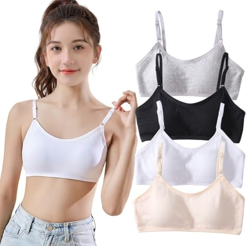 4 Pack Girls Sports Bra Underwear with Fixed Chest Pads and Adjustable Shoulder Straps, Training Vest for Children Aged 10-16