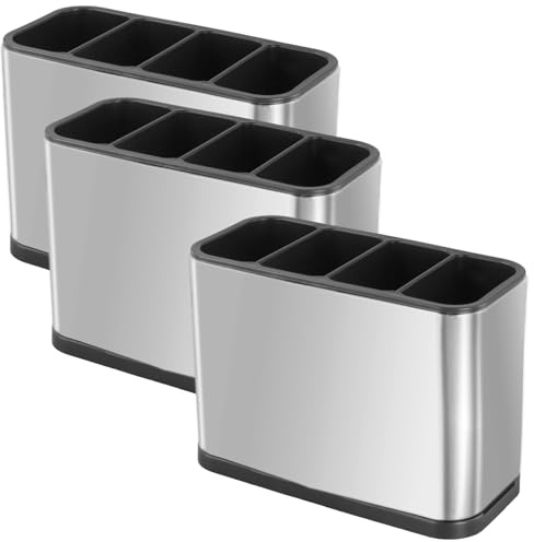 KEILEOHO Lot de 3 égouttoir couverts en acier inoxydable,range couvert, 4 compartiments, En métal, Pour cuisine, table, 18 x 8,7 x 13 cm, Argenté