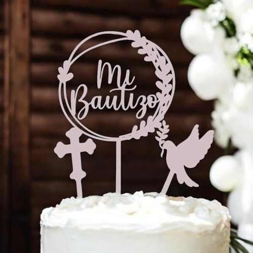 Tres Aristas | Pack 3 Toppers Personalizados para Tarta de Bautizo | Mi Bautizo, Paloma y Cruz | Decoración de Bautizo | Cake Topper con Colores a Elección, Reutilizable y Seguro (Algodon de Azucar)