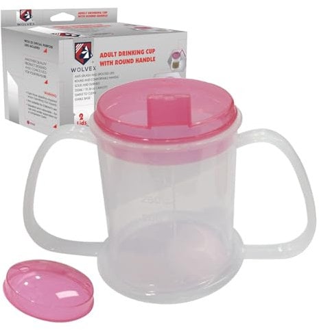 Wolvex 350ML Adult Drinking Cup with Comfortable Round Handle, 2 Style Lids, and Anti-Spill Features - Ideal Beaker for Disabled Adults, Dishwasher & Microwave Safe, Lightweight, BPA-Free Sippy (Pink)