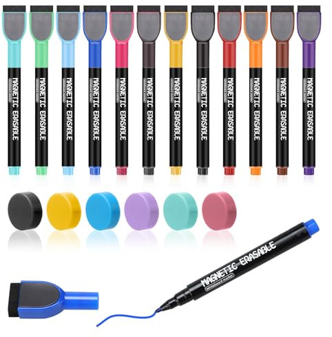 Orchideeknc Whiteboard Marker, 12 Farben Magnetische Whiteboard Stifte, 2 mm Feine Spitze Wasserlösliche Folie Stift mit 6 Stück Magneten für Schule Büro Haus