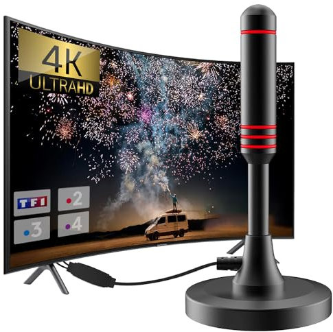 2025 Nouvelle Antenne TV Intérieur Puissante TNT, 500KM Longue Portée et Antenne TV Intérieure à 360 °, pour 1080P 4K Chaînes Télévision Gratuites - 5m de Câble Coaxial & avec Base magnétique